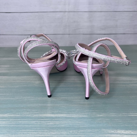 Pointed Toe Crystal Bows Satin Backless Ankle Straps Buckle Stiletto Pumps EU 41 - Picture 5 of 10